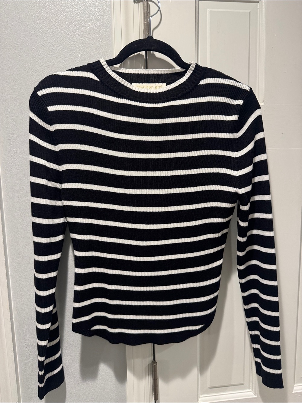 Madden Girl Black and White Striped Ribbed Long Sleeve Top